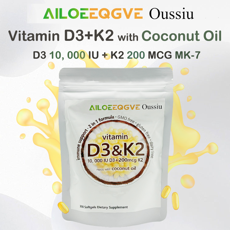 Oussiu Vitamin D3 10000 iu Plus K2 (MK-7) 200 mcg 2 in 1 Vitamins D & K Complex  Supports Calcium Absorption,  Immune, & Heart Health Easy to Swallow